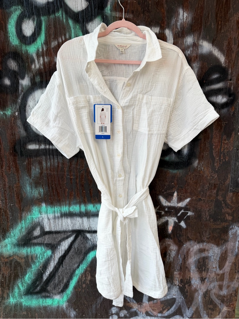 NWT Lightweight White Button-Front Shirt Dress with Tie Waist Cotton Linen Tunic